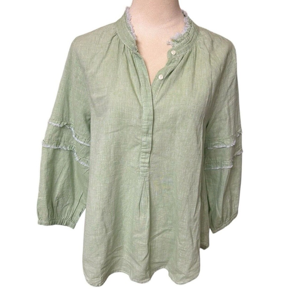 Dylan Women's XS Green Linen Blend Oversized Frayed Trim Popover Top LS